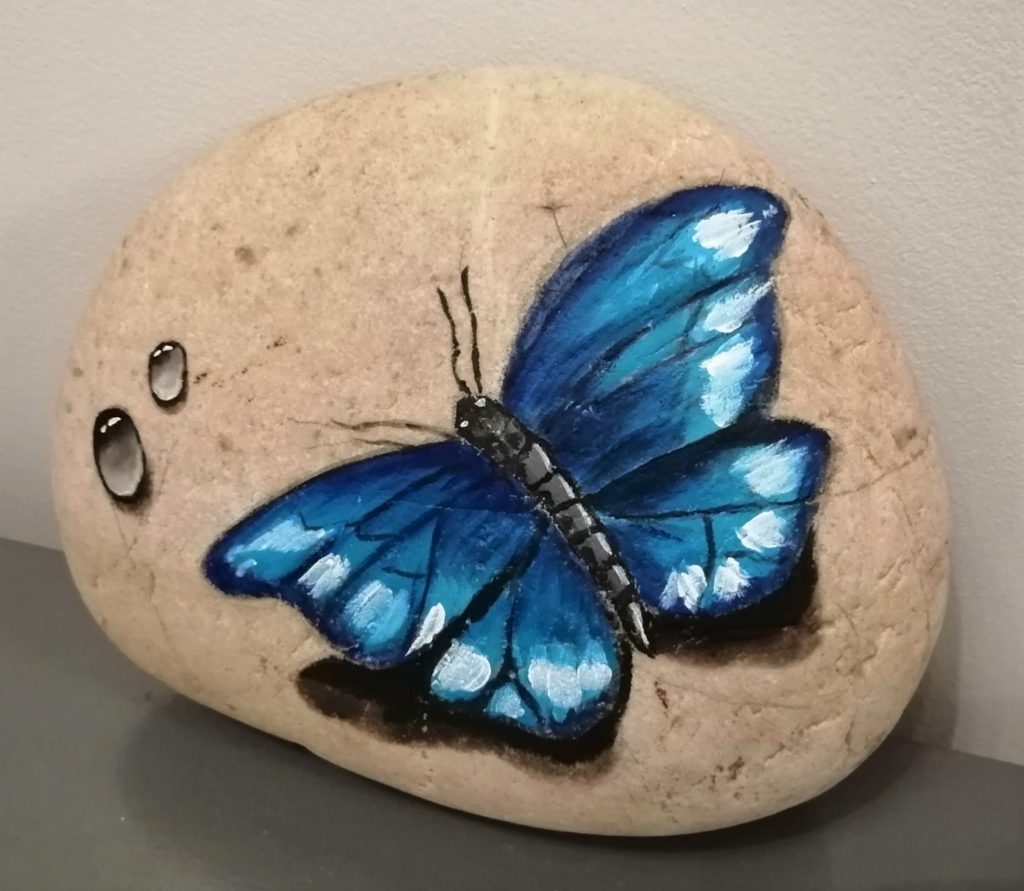 peinture pierre caillou animaux papillon bleu