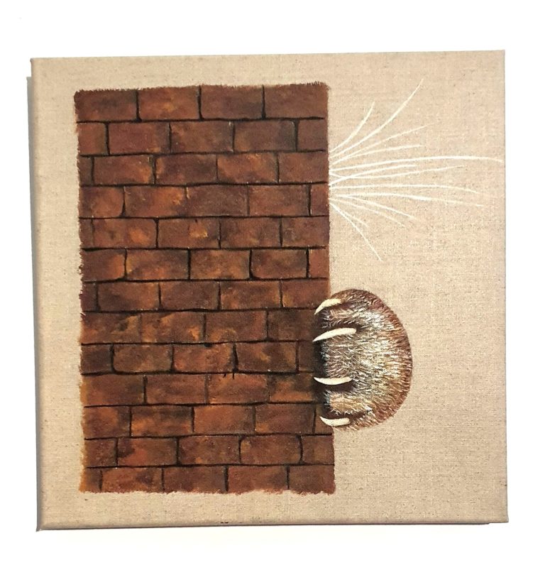 Dans cette toile énigmatique, un mur devient le théâtre d'une intrigue féline, où l'on devine la présence mystérieuse d'un chat caché derrière. Les moustaches furtives et la patte dévoilée éveillent la curiosité, invitant le spectateur à imaginer l'histoire qui se cache derrière cette scène intrigante.