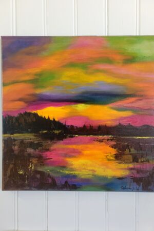 Reflet du soir - tableau abstrait contemporain représentant un coucher de soleil se reflétant sur un lac, peinture acrylique originale de 40 x 40 cm.