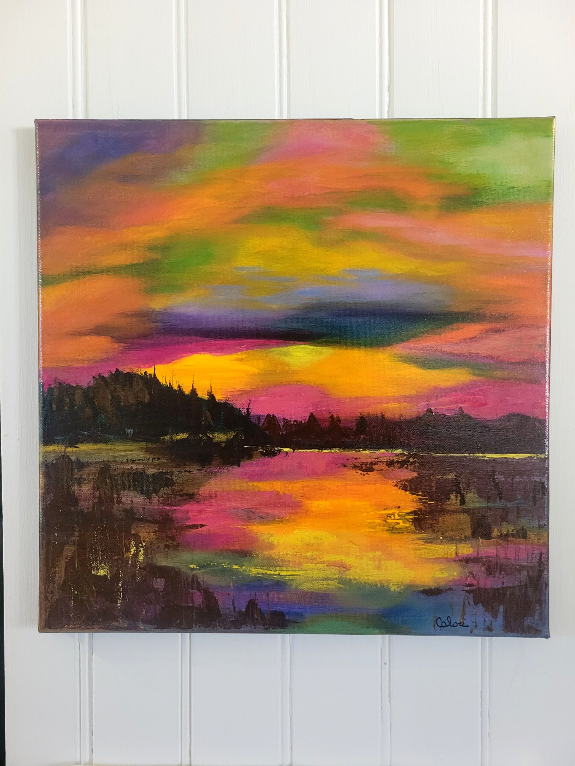 Reflet du soir - tableau abstrait contemporain représentant un coucher de soleil se reflétant sur un lac, peinture acrylique originale de 40 x 40 cm.